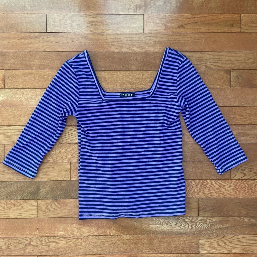 Poof New York Purple Navy Striped 3/4 Sleeve Top Square Neck Medium